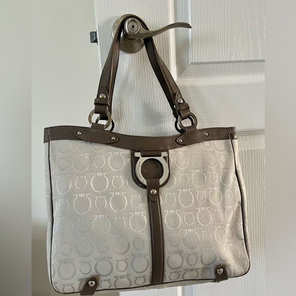 Salvatore Ferragamo Handbags - Salvatore Ferragamo Silver Monogram and Grey Leather Tote Bag EUC